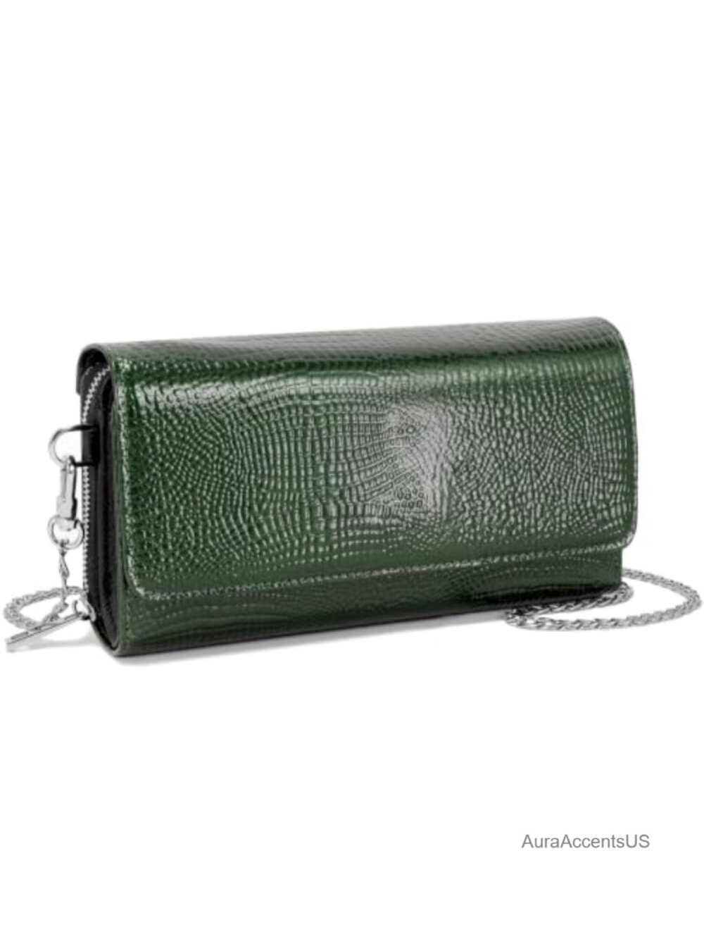 Croc Embossed Genuine Leather Crossbody Wallet Clutch with Chain Strap